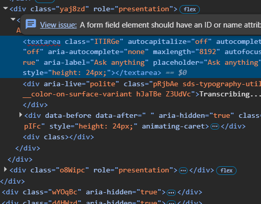 Google AI search results for "beans" alongside Chrome DevTools highlighting the "Ask anything" textarea element flagged with the issue: a form field element should have an ID or name attribute