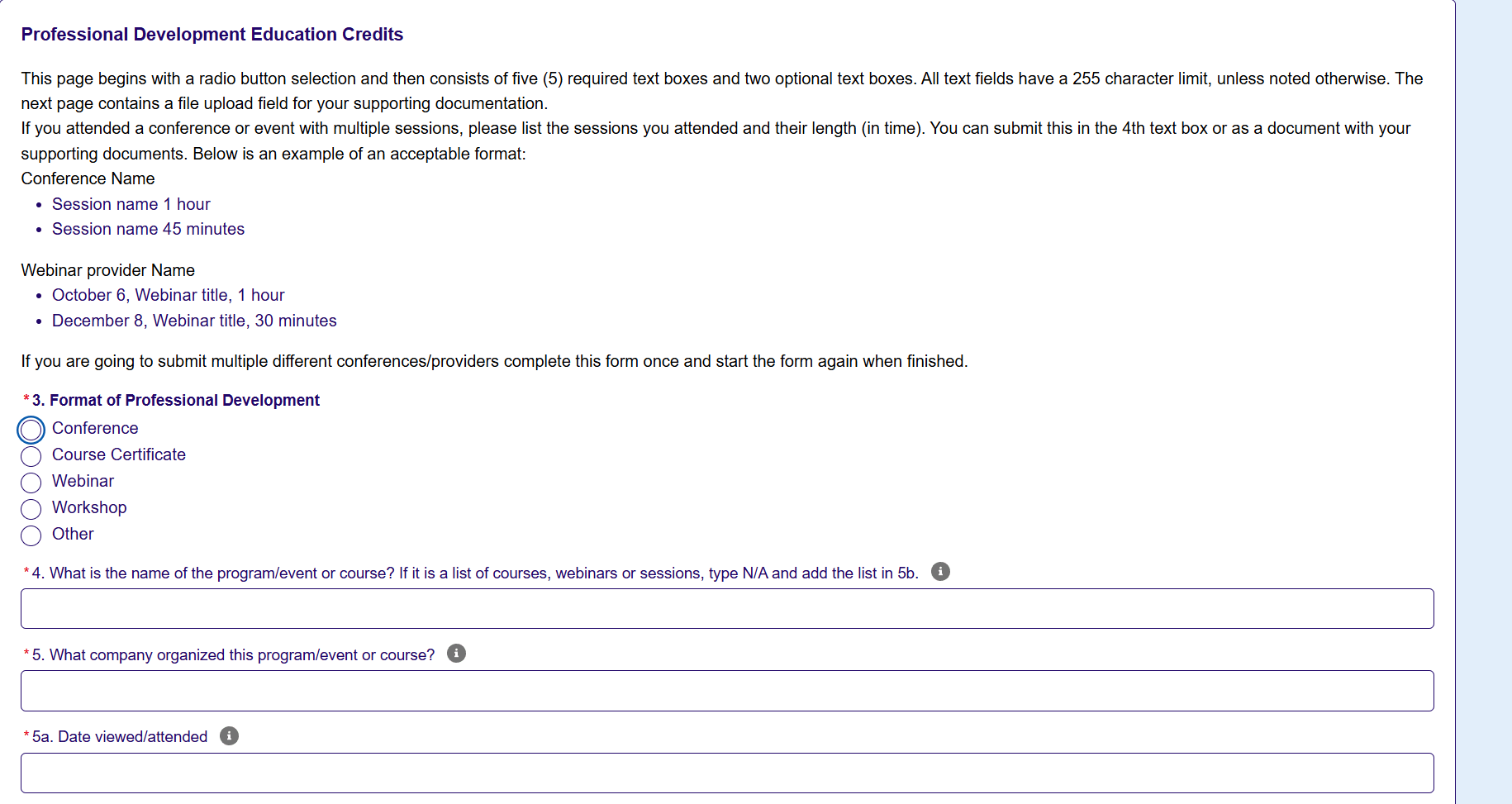 Professional Development Education Credits form showing the Format of Professional Development radio buttons alongside program name, organizing company and date attended fields