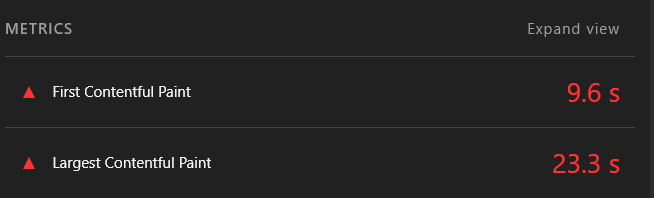 Quarterzip first contentful paint value of 9.6 seconds and largest contentful paint value of 23.3 seconds