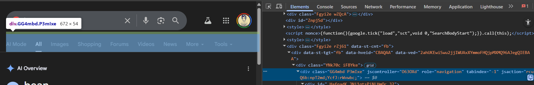 Google search page Chrome DevTools showing a div element with role="navigation" and tabindex="-1" used in place of a semantic nav element