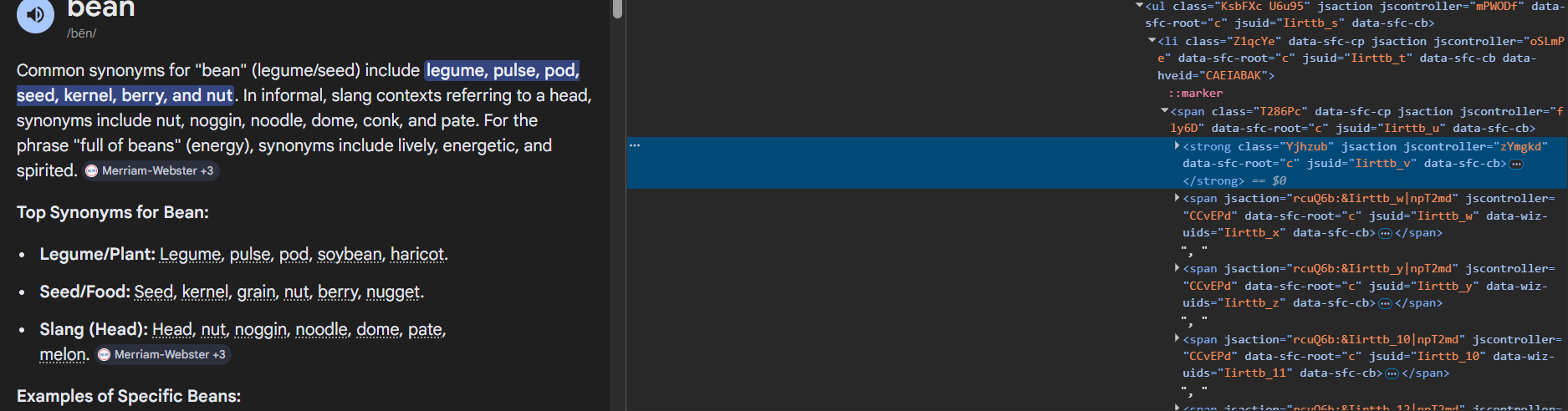 Google search synonym results for "bean" alongside Chrome DevTools showing a ul element containing li and span elements with a strong child element highlighted